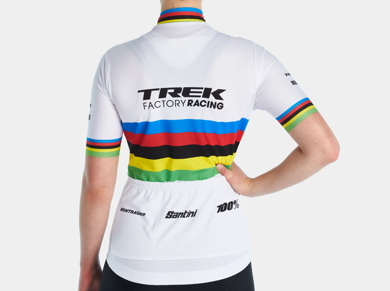 Trek Santini Factory Racing Women's Replica World Champion Short Sleeve Jersey in White/Yellow-1